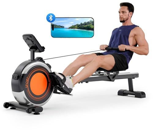 Dripex Maquina de Remo para Casa Silenciosa, Maquina Remo Magnética con 16 Niveles de Resistencia, Rieles Dobles Estables, Pantalla LCD, Soporte hasta 160 kg, Bluetooth con App (Naranja)