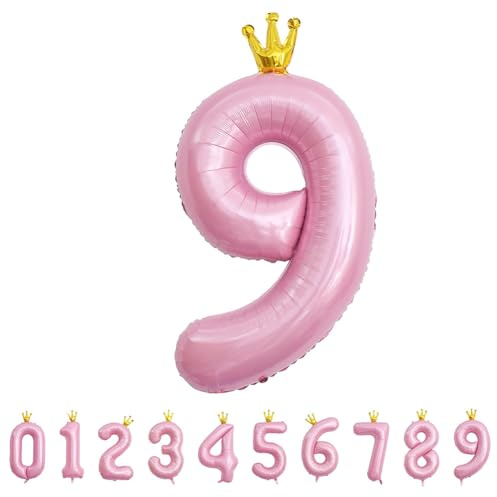 Alaoo Palloncino Numero, Palloncino Numero 9 D'rosa, 40 Pollici Palloncini con Numeri di Compleanno con Corona, Gonfiabili Elio o Aria, Decorazione per Compleanno, Festa, Anniversario