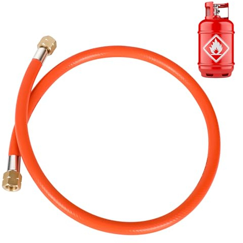 Rzspher Gasregulator 50 mbar, 150 cm gasslang, 1/4 tum – 19 LH yttre gänga, gas lågtrycksregulator tryckregulator för gasgrils för camping picknick grillfester (orangefärgat rör)