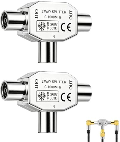2 Piezas Distribuidor Antena TV 2 Vías, Divisor Coaxial en T, Adaptador Coaxial en 2 IEC Hembra y 1 Entrada macho, Duplicador Antena, Conector Metálico 0-1000MHz para Televisión Digital DVB-T Cable TV