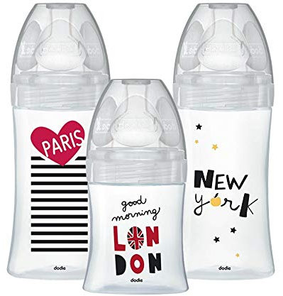 DODIE Kit Naissance - 3 Biberons Anti-Colique Sensation+ en Verre (1x150 mL; 2x270 mL) - Tétine Plate - Sans BPA – City