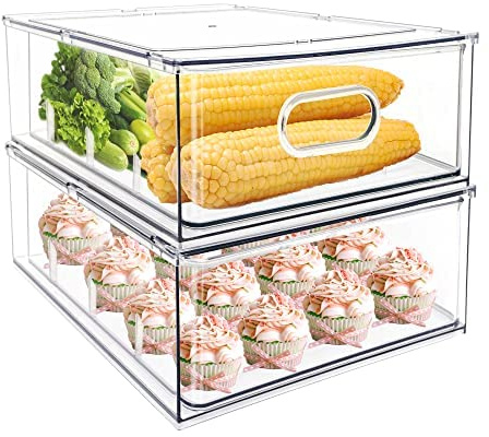 MineSign 2Pack Stackable Fridge Drawers Pull-Out Bins Divided Produce Saver Containers for Refrigerator Storage Organizers for Veggie Fruit Berry Pantry Cabinet Makeup Clothes