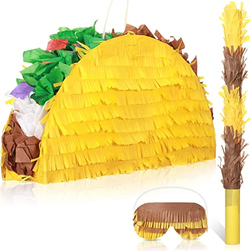 Sratte Taco Piñata Set Mexican Birthday Party Decorations Cinco De Mayo Fiesta Theme Taco Pinata with Plastic Stick and Blindfold for Mexican Themed Party Supplies Favors, 15 x 8 x 3 Inches
