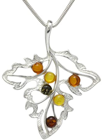 LIGURIUS NATURAL BALTIC AMBER STERLING SILVER 925 NECKLACE PENDANT Multicoloured Leaf Gemstone For Women & Silver Adjustable CHAIN Snake 45cm - 50 cm, Gift set