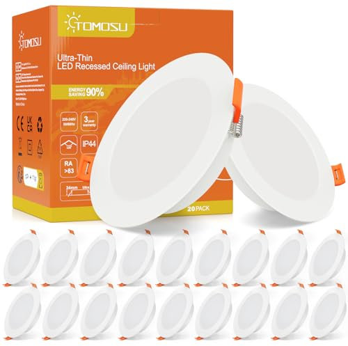 Tomosu LED Einbaustrahler 230V Flach, LED Spot 7W 700LM, IP44 Einbauleuchten für das Bad, Kaltweiß 6000K, Ø95-105mm Lochdurchmesser, Deckenspots für Wohnzimmer Küche Schlafzimmer, 20er Set