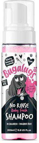 BUGALUGS No Rinse Baby Powder Dog Shampoo – coat Dry quick bath for dogs itchy skin relief. Puppy Professional groom spray foam (No 200ml), (BSNRBF200)