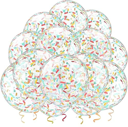 25 Pcs Rainbow Confetti Balloons, 12 Inch Thickened Clear Latex Balloon with Confetti Inside for Birthday Party Baby Shower Graduation Engagement Bridal Shower Decorations Supplies (Long Confetti)