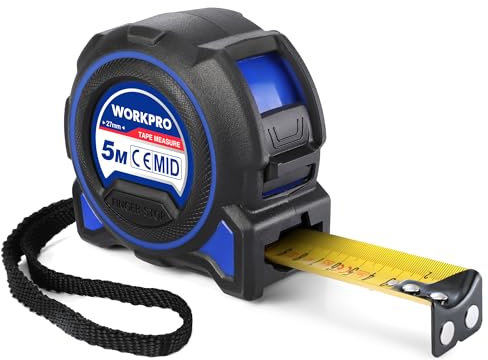WORKPRO Cinta Metrica 5m x 27mm, Medición Precisa, Metro Profesional con Gancho Magnético y Cinta Ancha, Flexometro 5 Metros, Cinta Métrica con Clip de Cinturón