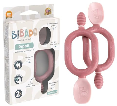 Bibado Dippit Mehrstufige selbstfütternde, BPA-freie Baby-Löffel und -löffel, 2-händiger Multi-Grip, Baby-LED-Entwöhnungslöffel, Babylöffel zum Selbstfüttern ab 6 Monaten, Säuglingslöffel, Rouge, 2