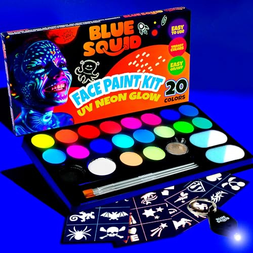 Blue Squid Face Kinderschminke Ser für Kinder - UV Neon Glow Farben Ultimate Face Paint Kit, Schablonen, Buch - sicher für empfindliche Haut, ungiftig Face Painting Kit Professional - Glow in the Dark
