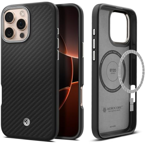 Spigen Enzo Aramid MagFit Case for iPhone 16 Pro, Compatible with MagSafe Accessories - Black Silver