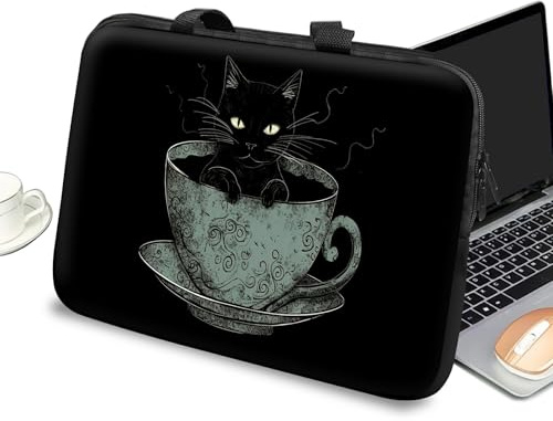 Custodia universale per computer portatile da 10 pollici, con manico e cerniera, borsa messenger per tablet da 7-10 pollici, per iPad/Notebook/eBook/lettori, motivo gatto nero