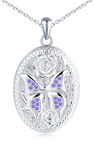 MicLee medaljong fotohalsband för kvinnor flicka 925 sterling silver ovala öppningsbara minnesmedaljong hängen med fjäril – ros gravering kreativ zirkon fjäril halsband