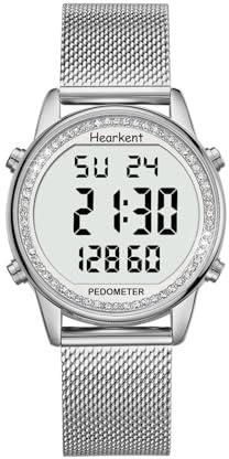 Hearkent 2401 - Reloj podómetro para mujer, correa de nailon flexible, sin aplicación ni carga necesarias, con conteo de pasos, calorías de distancia, reloj y retroiluminación de pantalla