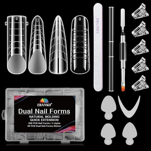 EBANKU 288 PCS Unghie Finte Nail System Dual Nail Form Matte Sistema per Unghie Strumenti per Manicure per Unghie con 96 Film per Unghie French Clip Pennello Polygel a Doppia Estremità e Lima(4 Stili)
