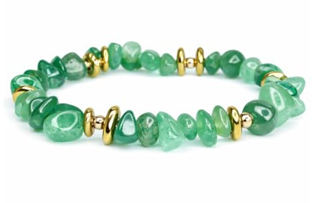 LLUXIA Armband i natursten, grön aventurin med gyllene pärlor, oregelbunden grus, elastisk stil - gåva till dam och herr, Standard, Sten, Aventurine
