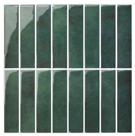 COMSTICKC Crédence Adhésive Pour Cuisine Vert, 10 Pièces, Carrelage Adhesif Mural Salle de Bain, Vinyle 3D Métro Autocollant Carrelage Adhesif, imperméable, 30,5x30,5cm, Ligne droite verticale