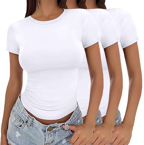 Lot de 3 T Shirt Manche Courte Y2k Femme T-Shirt Col Rond Slim Fit Cropped Shirt Moulant À Manches Courtes Ajusté Crop-Top Streetwear Tee Shirts Basique Couleur Unie Décontracté Tendance Chemises