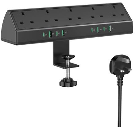 Jgstkcity Desk Clamp Power Socket, 45W USB-C Extension Lead, Black | 5 UK Socket & 4 USB-C, 1200J Surge Protection, Desktop Power Strip 2M, Fit 1.9 Tabletop Edge, Office, Gaming, Dorm