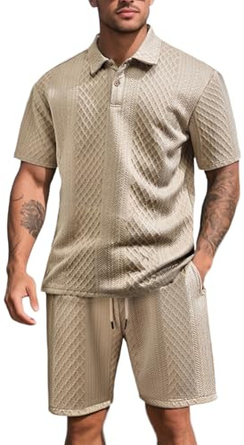 amropi Hombre Jacquard Chándal Manga Corta Camiseta y Pantalones Cortos 2 Piezas Verano Deportivo Conjunto M, Khaki