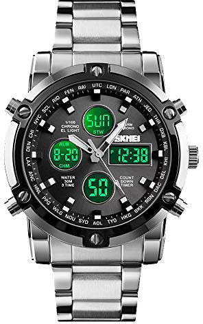 SKMEI Herren-Armbanduhr, wasserdicht, militärisch, analog, digital, mit LED, mehrzeitiger Chronograph, Edelstahl, Business-Uhren für Herren, 1389 Silber, Schwarz, 2.28*1.89*0.63 inches, Sportlich