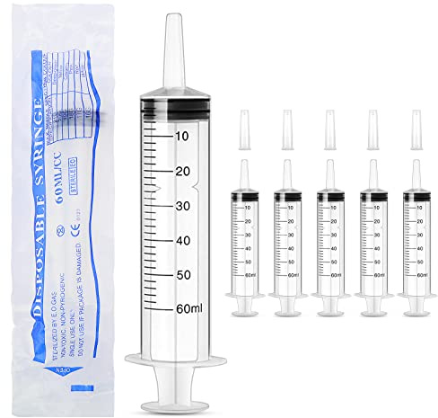 DONQL Siringa 60ml Sterile,Siringhe Senza Ago, 6 Pezzi Siringa Aspira Liquidi,Siringa di Plastica con Tappi per Alimentazione di Animali Domestici Laboratorio Scientifico Esperimento Distribuzione