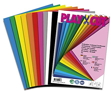 PLAY-CUT Tonkarton A5 (220g/m2) | 50 Bogen Din A5 Bastelkarton Bunt mit 10 Verschiedenen Farben | Dickes Bedruckbares Kartonpapier | Premium Druckerpapier Dicke Stärke | Karton zum Basteln