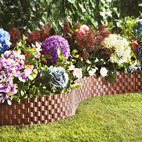 9.6m Flexible Lawn Edging Fence – Faux Rattan Durable Weather Resistant Staked Outdoor Garden Border Fencing Panels – 16 x Strips, Each Measure H22cm x L60cm