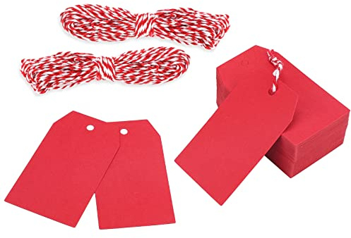 100 pezzi Etichette in Carta Kraft Tag Regalo Cartoncino 7x4CM e Spago Rosso e Bianco, per Natale Compleanno Bomboniere Artigianato (Rosso)