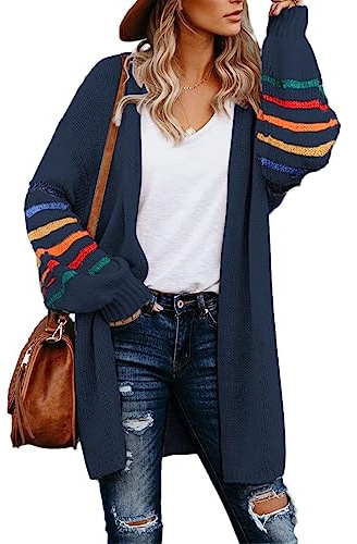 AlvaQ Women's Cardigans Long Sleeve Open Front Rainbow Striped Color Block Loose Casual Womens Oversized Cardigan Ladies Long Lightweight Knit Outwear Coat Jacket Sweaters Blue XL UK 18 20