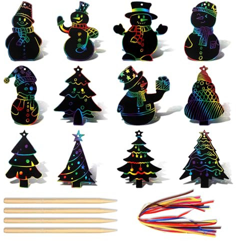 VIEVRE 12 Stücke Kratzbilder für Kinder, Weihnachts Kratzbuch Set, Kinder Kratzbuch Mädchen, für Kinder Regenbogen Kratzpapier Set, Christbaumschmuck, für Kind DIY Weihnachtsschmuck