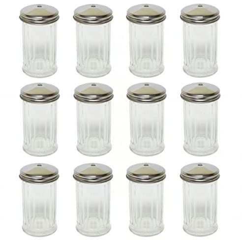 TrueCraftware- 12 oz. Sugar Cheese Shaker Pourer with Stainless Steel Single Hole Cap Set of 12- Paneled design Sugar Cinnamon Sugar Pepper Powder Cocoa Shaker for Kitchen and Restaurants