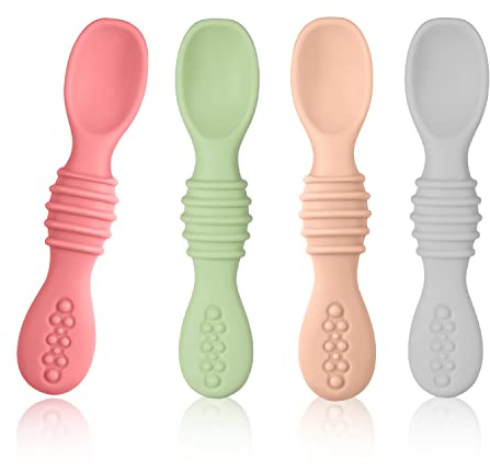 4 st Babysked Silikon, BPA-Fria Första Steget Småbarnsredskap Babysked Träningsskedar för Baby Silicone Baby Spoon Småbarnsredskap för Självmatning för Baby 6-12 Månader (Ljus Färg)