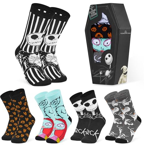 Disney Socken Damen Größe Teenager 35–41, 5er- oder 6er-Packung, Weiche Atmungsaktive Lustige Socken, Warme Geschenke für Frauen (Multi Jack Coffin, 5 Pcs)