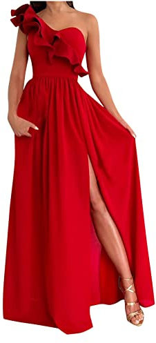2023 Vestidos Largo Mujer Moda Color sólido Fiesta Vestido de Noche un Hombro Volante Elegante Vestidos de Cóctel sin Manga Extra Larga Casual Vestido Partido Novia Boda Vestir