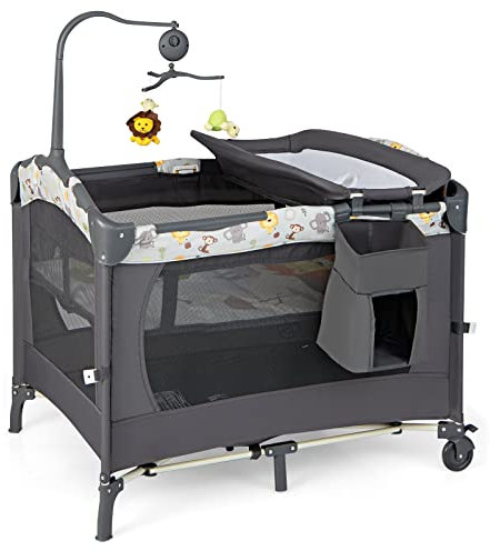 GOPLUS 3 in 1 klappbares Babyreisebett, Wickelauflage & Laufstall & Kinderbett, Reisebett auf Rollen, inkl. Musikbox, Spielbogen, höhenverstellbare Matraze, ab Geburt bis 15 kg, Farbwahl (Dunkelgrau)