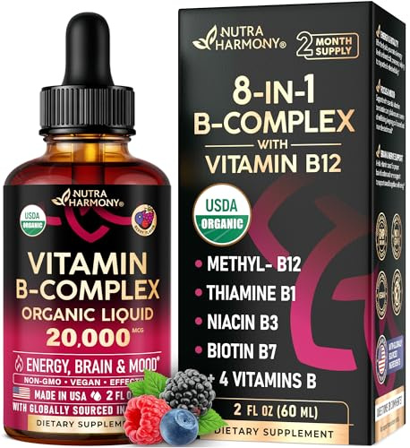 USDA Organic Vitamin B-Complex B5 Pantothenic Acid | B12 Methylcobalamin | B1 Thiamine | B6 Pyridoxine | B7 Biotin | B9 Folic | B3 Niacinamide - B Complex Liquid Drops, Made in USA Supplement, 2fl oz