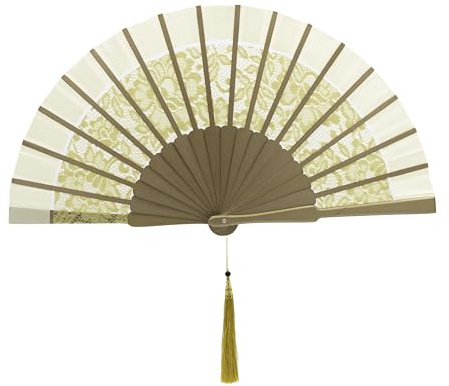 MAPIMANIA - Eventail Mariage Beige Pliant en Soie et Dentelle avec étui | Ventilateur de Poche Femme Elegant | Eventail Japonais | éventail brodé