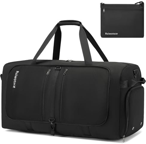 Rsiwotsce Bolsa de Viaje Unisex 110L Plegable, Impermeable con Compartimento para Zapatillas, 76 x 34 x 43 cm, Negro