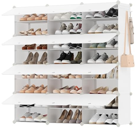 SONGMICS Mueble Zapatero Plástico, 12 Compartimentos para 48 Pares de Zapatos, con Puertas, Estructura de Acero y Estantes de Plástico, Armario para Dormitorio, Blanco Nube LPC040W02