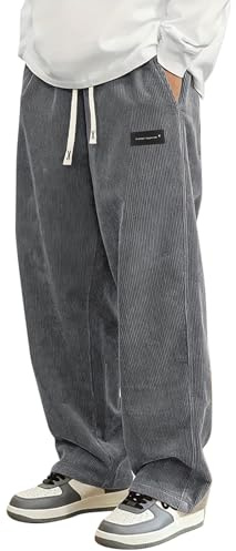 PADOLA Pantaloni Uomo in Velluto a Coste Largo Taglio Dritto, Modello con Vita Elasticizzata e Cordino, 4 Tasche, Casual Pantalone(M,Grigio)
