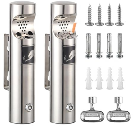 2 ceniceros de pared para exteriores de acero inoxidable, cenicero de pared público con cerradura, resistente a la intemperie, cenicero tubular montado en la pared para restaurantes, oficina, hotel