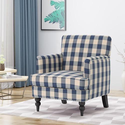 Christopher Knight Home Eve Modern Upholstered Club Chair, Wooden Living Room Accent Chair, Comfy Bedroom Reading Chair, Multifunctional Armchair, Blue Checkerboard