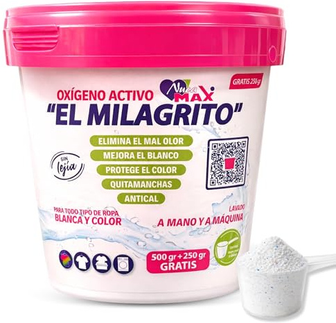 Oxígeno Activo en polvo, Quitamanchas y Blanqueador para Ropa Blanca y de color, Antical alarga la vida de la lavadora, Elimina el mal olor de la ropa, Contiene 1 unidad de 750 gr