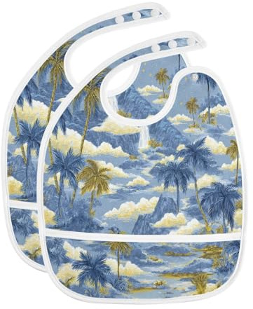 Caikeny Baby Feeding Bibs Blue Palm Trees Waterfalls Moon Infant Drooling Bibs Food Bibs with Pocket for Toddler Girls Boys Set of 2