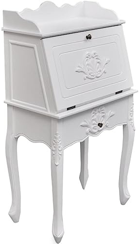 Mhdvray Sekretär Weiß im französischen Landhaus-Stil 60x36,4x111 cm aus MDF und Kiefernholz mit klappbarer Schreibfläche für Büro, Schlafzimmer oder Flur