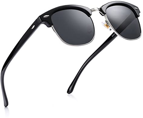 Pro Acme Polarized Classic Semi Rimless Sunglasses for Men Women, Metal Rivets | UV400 Protection | Retro Style Sunglasses (Black Lens/Silver Rimmed/Matte Black)