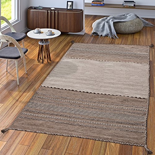 TT Home Handwebteppich Wohnzimmer Natur Webteppich Kelim Modern Baumwolle Streifen Beige, Größe:60x110 cm