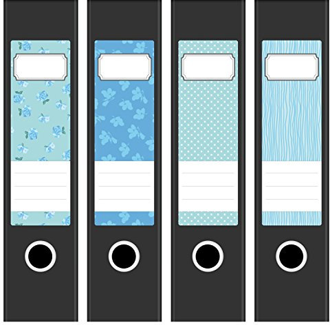 Ordneretiketten | 4 Aufkleber für breite Akten-Ordner | Blaue Muster | selbstklebende Design Akten-Etiketten | Deko Sticker für Rückenschilder Ordnerrücken | zum Beschreiben