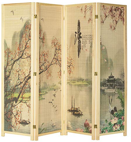 MyGift 4-Panel Folding Bamboo Room Divider Asian-Inspired Cherry Blossom Scene, 6 FT Freestanding Floral Artwork Room Partitioner with Beige Wood Frame